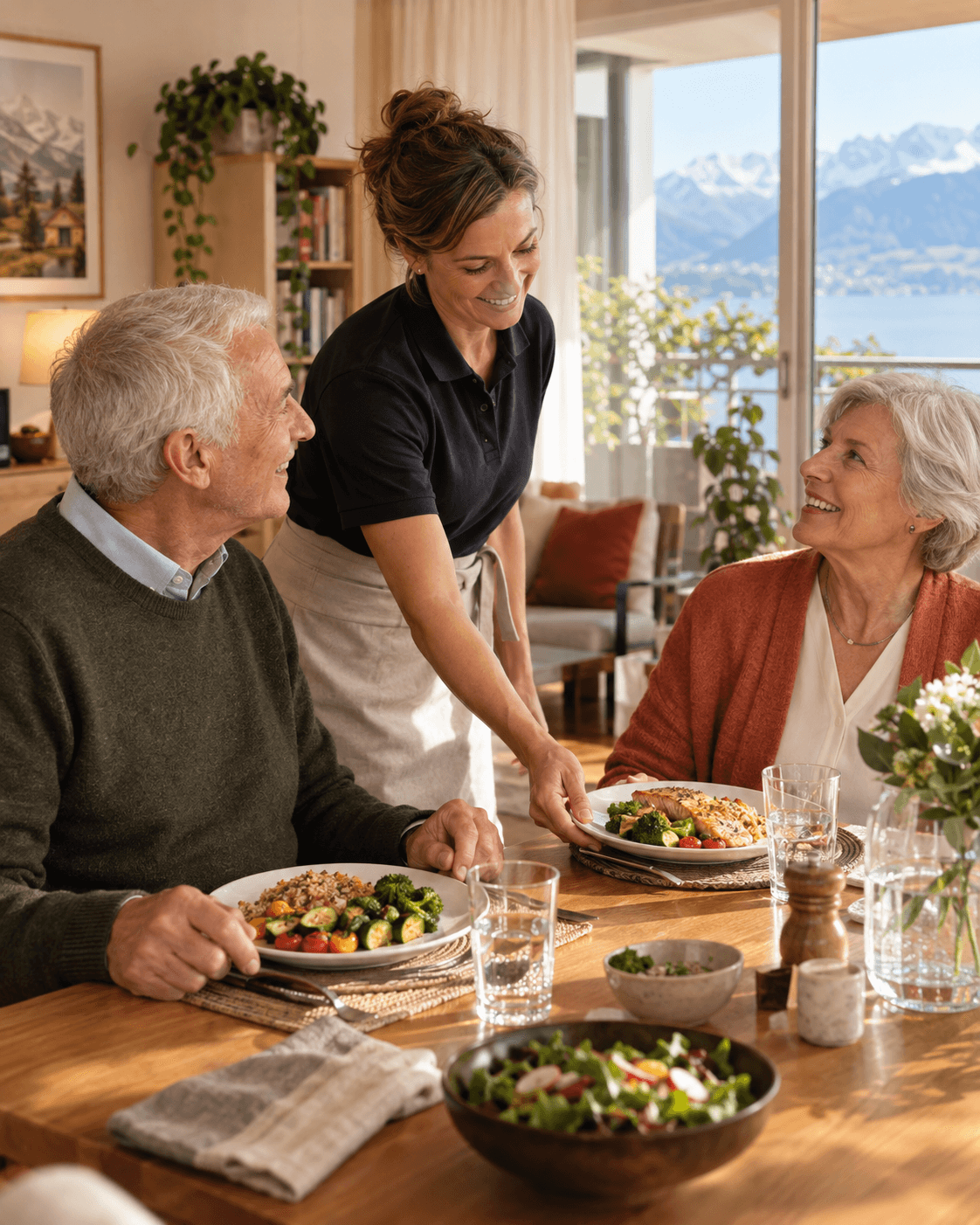 Un couple partage un repas équilibré servi à domicile par une professionnelle